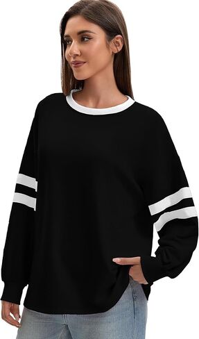 Women Crewneck Color Block Sweatshirts Striped Tops Long Sleeve Shirts Casual Oversized Fall Pullover in Kuwait