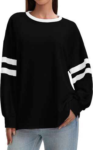 Women Crewneck Color Block Sweatshirts Striped Tops Long Sleeve Shirts Casual Oversized Fall Pullover in Kuwait