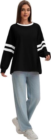 Women Crewneck Color Block Sweatshirts Striped Tops Long Sleeve Shirts Casual Oversized Fall Pullover in Kuwait