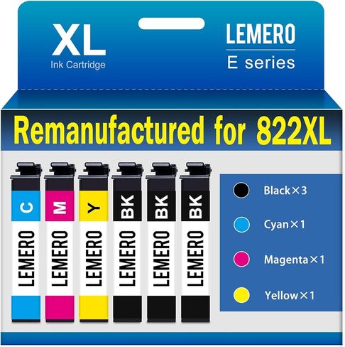 LEMERO 822XL Ink Cartridges Remanufactured for Epson 822XL Ink Cartridges Combo Pack 822 822XL for Workforce Pro WF-3820 WF-3823 WF-4820 WF-4830 WF-4833 Printer (3 Black 1 Cyan 1 Magenta 1 Yellow) in Kuwait