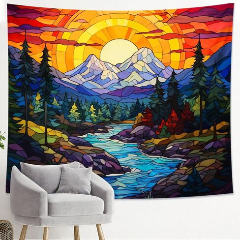 mountain tapestry vintage abstract Stained glass nature forest tree plants orange Polyester hanging wall decor headboard room backdrop for bedroom living room college dorm ceiling tapestry 60x50inch in Saudi Arabia