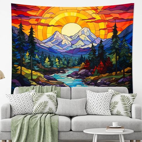 mountain tapestry vintage abstract Stained glass nature forest tree plants orange Polyester hanging wall decor headboard room backdrop for bedroom living room college dorm ceiling tapestry 60x50inch in Saudi Arabia