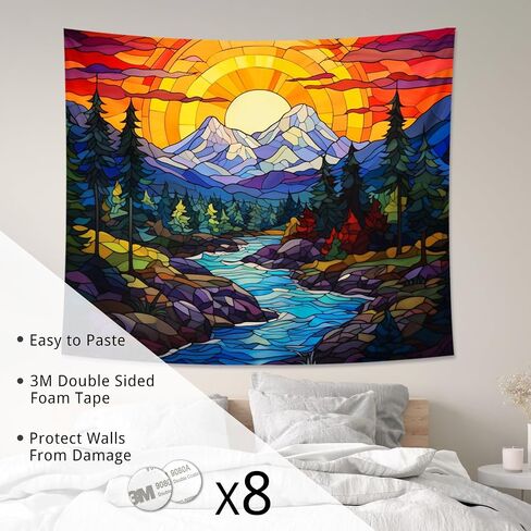 mountain tapestry vintage abstract Stained glass nature forest tree plants orange Polyester hanging wall decor headboard room backdrop for bedroom living room college dorm ceiling tapestry 60x50inch in Saudi Arabia
