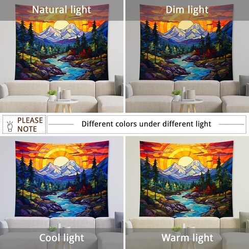 mountain tapestry vintage abstract Stained glass nature forest tree plants orange Polyester hanging wall decor headboard room backdrop for bedroom living room college dorm ceiling tapestry 60x50inch in Saudi Arabia