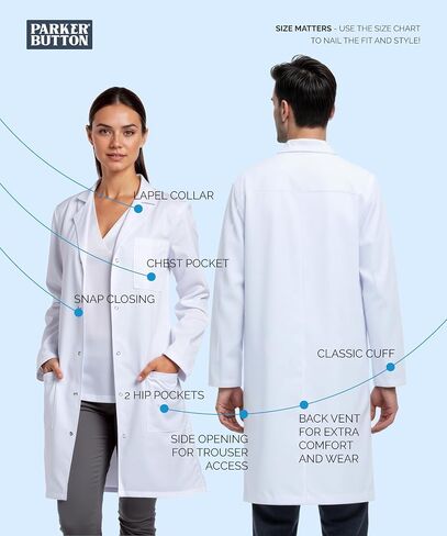 Unisex Medical Lab Coat for Men & Women, Hip & Chest Pockets, Classic Fit, Snap Closing, 40" Length in Saudi Arabia