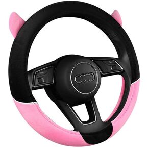 Cute Devil Horns Car Steering Wheel Covers Plush Steering Covers for Women, Universal Fit 15 Inch,Anti-Slip & Odor-Free (Pink)