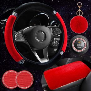 1 Sets 6 Pieces Fluffy Steering Wheel Cover Set for Women,ZYNQACC Diamond Plush Steering Wheel Cover Bling Car Coaster Rhinestone Ring Sticker Auto Center Console Pad, Universal Fit 15 Inch (Red)