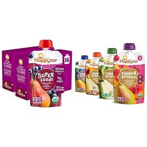 أكياس طعام الأطفال من Happy Tot Organics المرحلة 4، خالية من الغلوتين، وجبة خفيفة نباتية، هريس الفواكه والخضروات من SuperFoods، الكمثرى، البازلاء، الفاصوليا الخضراء والشيا، 4.22 أونصة (عبوة من قطعة واحدة)