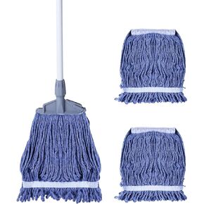 Yocada Looped-End String Wet Mop Heavy Duty Cotton Mop Commercial Industrial Grade 64.1" Long Iron Pole for Cleaning Office Garage Hardwood Warehouse Factory Mall Deck with Totally 3 Mop Heads