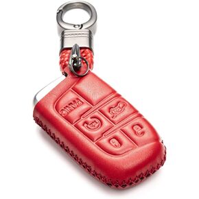 Vitodeco Genuine Leather Smart Key Keyless Remote Entry Fob Case Cover Compatible for Jeep, Dodge, Chrysler (5 Buttons, Black/Red)
