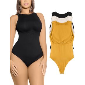 3 Packs Bodysuits for Women Tummy Control Thong Fashion Tank Tops Leotard High Neck Racerback with Snap Seamless