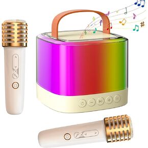 Mini Karaoke Machine with 2 Wireless Microphones, Bluetooth Portable Karaoke Speaker with Dazzling Lights Modes, Birthday Gifts Toys for Adults and Kids, Girls Boys Family Party