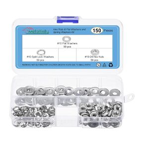 Hex Nuts Assortment Kit (#10-24 Hex Nuts with #10 Flat Washers & Split Lock Washers) 150Pcs, 304 Stainless Steel Hexagon Nut Hardware Kit