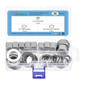 Hex Nuts Assortment Kit (M16-2 Hex Nuts with M16 Flat Washers & Split Lock Washers) 30Pcs, 304 Stainless Steel Hexagon Nut Hardware Kit