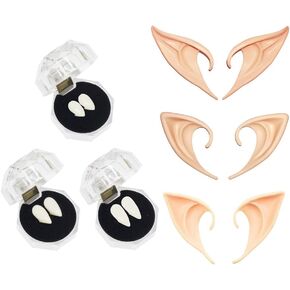 3 Pairs Elf Ears and 3 Pairs Vampire Teeth Fangs Halloween Party Cosplay Props Accessories