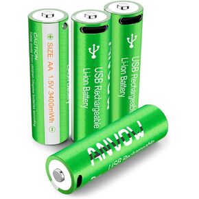 USB AA Rechargeable Batteries, USB AA Battery Lithium 1.5V 3400mWh Performance All-Purpose Pre-Charged Double A Battery with 4-in-1 Charging Cable, 4 Count