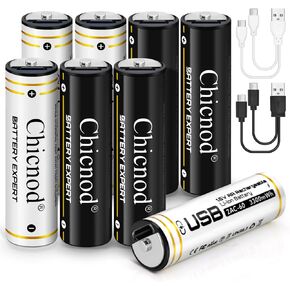 2 Pack AA Rechargeable Batteries-AA Lithium Battery，1.5V Constant AA Lithium ion Double A Batteries 3300mWh High Capacity Long Lasting 1.5H Quick Charge USB Charging Cord