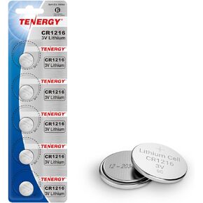 Tenergy CR1216 3V Lithium Button Cell Battery, for Watches, Mini LED Lights, Forehead Thermometers, 5 Pack