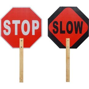 2 Pack Stop Slow Reflective Sign 13X13" Double Side Octagon sign with Handle Rust Free Aluminum UV Protected Waterproof Sign for School Crossing Parking Lots