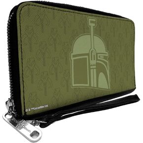 Buckle-Down Star Wars Wallet, Zip Around, Star Wars Boba Fett Helmet Mandalorian Crest Kyrbes Skull, Vegan Leather