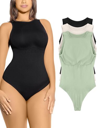 3 Packs Bodysuits for Women Tummy Control Thong Fashion Tank Tops Leotard High Neck Racerback with Snap Seamless in Saudi Arabia
