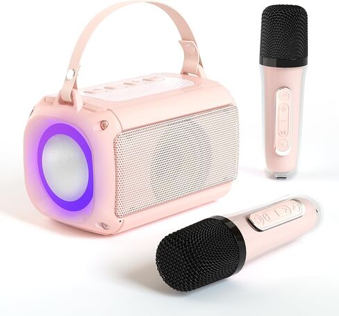 آلة كاريوكي صغيرة مع 2 ميكروفونات لاسلكية مكبر صوت كاريوكي بلوتوث مع ميكروفون للبالغين نظام كاريوكي محمول مع ميكروفون لاسلكي للغناء هدية عيد ميلاد للأطفال باللون الوردي للفتيات in Kuwait