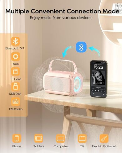 آلة كاريوكي صغيرة مع 2 ميكروفونات لاسلكية مكبر صوت كاريوكي بلوتوث مع ميكروفون للبالغين نظام كاريوكي محمول مع ميكروفون لاسلكي للغناء هدية عيد ميلاد للأطفال باللون الوردي للفتيات in Kuwait