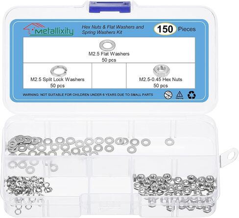 Hex Nuts Assortment Kit (M2.5-0.45 Hex Nuts with M2.5 Flat Washers & Split Lock Washers) 150Pcs, 304 Stainless Steel Hexagon Nut Hardware Kit in Saudi Arabia