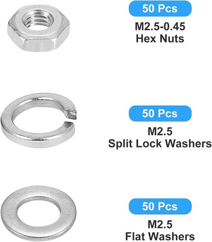 Hex Nuts Assortment Kit (M2.5-0.45 Hex Nuts with M2.5 Flat Washers & Split Lock Washers) 150Pcs, 304 Stainless Steel Hexagon Nut Hardware Kit in Saudi Arabia