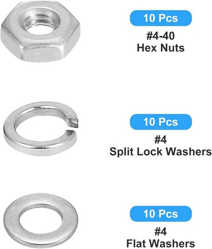 Hex Nuts Assortment Kit (#4-40 Hex Nuts with #4 Flat Washers & Split Lock Washers) 30Pcs, 304 Stainless Steel Hexagon Nut Hardware Kit in Saudi Arabia
