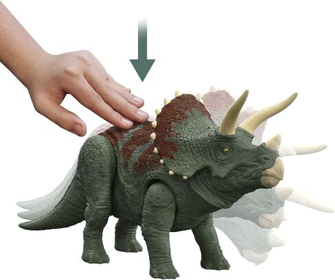 Mattel Jurassic World Dominion Roar Strikers Triceratops Dinosaur Action Figure with Roaring Sound and Attack Action, Toy Gift Physical & Digital Play in Saudi Arabia