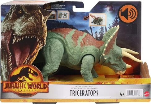 Mattel Jurassic World Dominion Roar Strikers Triceratops Dinosaur Action Figure with Roaring Sound and Attack Action, Toy Gift Physical & Digital Play in Saudi Arabia