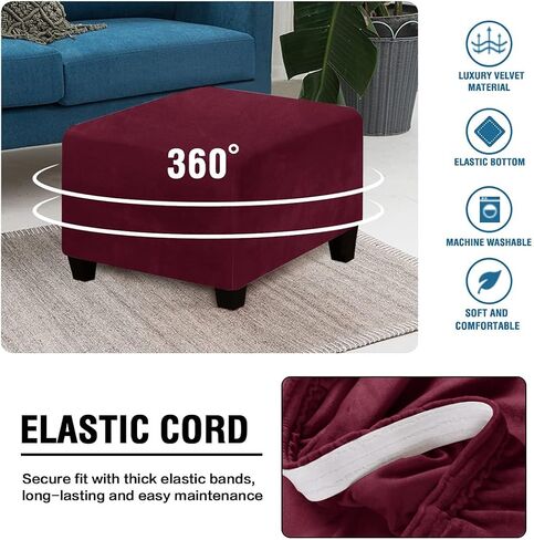 Square Ottoman Slipcover Stretch Velvet Folding Storage Stool Furniture Protector Stretch Ottoman Cover with Elastic Bottom Machine Washable (Burgundy) in Saudi Arabia
