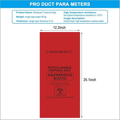 2-4 Gallon Red Polypropylene Biohazard Disposal Bags with Warning Label/Sterilization Indicator, 24" x 12" x 12"x 3 mil(100 Pcs/Pack) in Saudi Arabia