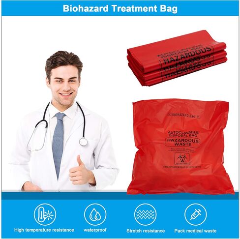 2-4 Gallon Red Polypropylene Biohazard Disposal Bags with Warning Label/Sterilization Indicator, 24" x 12" x 12"x 3 mil(100 Pcs/Pack) in Saudi Arabia