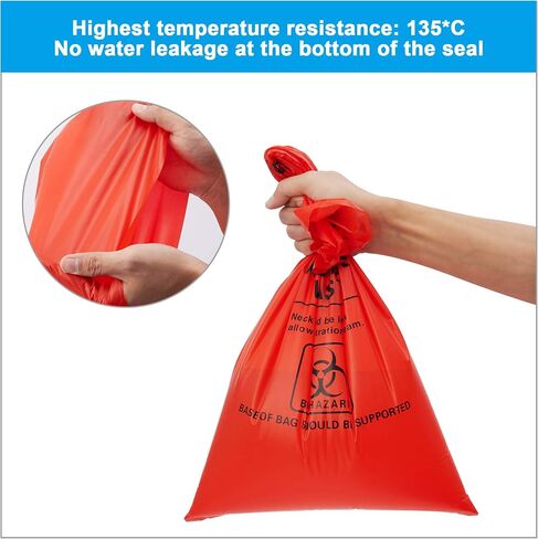2-4 Gallon Red Polypropylene Biohazard Disposal Bags with Warning Label/Sterilization Indicator, 24" x 12" x 12"x 3 mil(100 Pcs/Pack) in Saudi Arabia