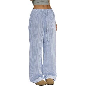 بنطلون نسائي من GORGLITTER من الكتان المخطط بأرجل واسعة ورباط كاجوال، ملابس الشارع in Kuwait