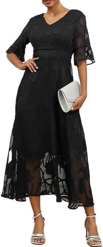 Women's Floral Mesh Midi Dress, V-Neck, 3/4 Bell Sleeves,Evening Party Dress in Kuwait