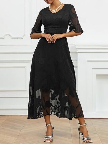Women's Floral Mesh Midi Dress, V-Neck, 3/4 Bell Sleeves,Evening Party Dress in Kuwait