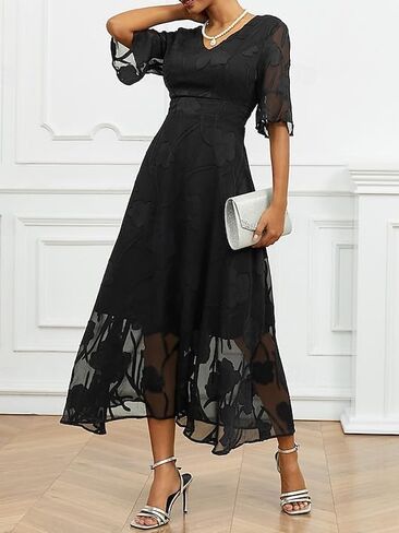 Women's Floral Mesh Midi Dress, V-Neck, 3/4 Bell Sleeves,Evening Party Dress in Kuwait