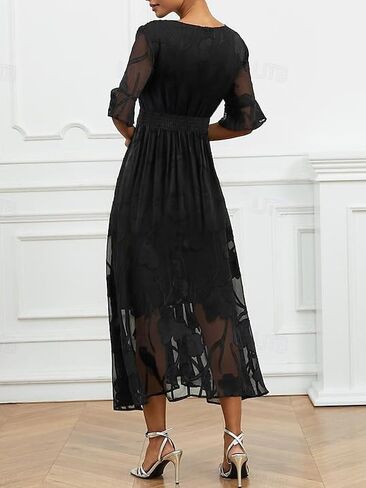 Women's Floral Mesh Midi Dress, V-Neck, 3/4 Bell Sleeves,Evening Party Dress in Kuwait