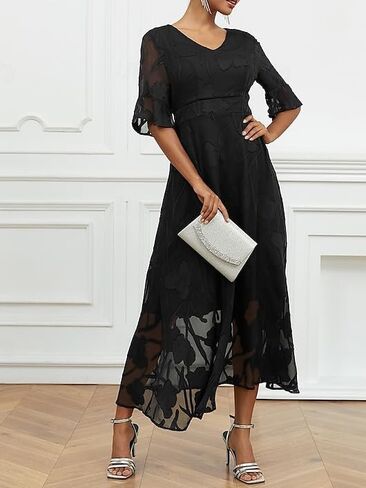 Women's Floral Mesh Midi Dress, V-Neck, 3/4 Bell Sleeves,Evening Party Dress in Kuwait