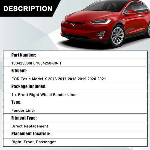 SecosAutoparts Fender Line Wheel Splash Guard Shield جانب الركاب الأمامي متوافق مع Tesla Model X 2016-2021 استبدال # 1034250-00-H، 103425000H الجانب الأيمن عجلة الحاجز بطانة سبلاش شيلد in Saudi Arabia