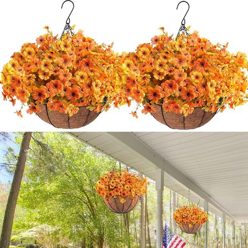 Orgrimmar 2 Pack Artificial Fall Mums Hanging Basket - UV Resistant Fake Hanging Plants with Realistic Silk Mums & Eucalyptus, Coconut Lining Baskets for Home Porch Balcony Patio Yard (Orange) in Kuwait
