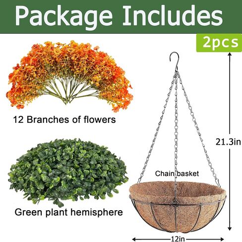 Orgrimmar 2 Pack Artificial Fall Mums Hanging Basket - UV Resistant Fake Hanging Plants with Realistic Silk Mums & Eucalyptus, Coconut Lining Baskets for Home Porch Balcony Patio Yard (Orange) in Kuwait