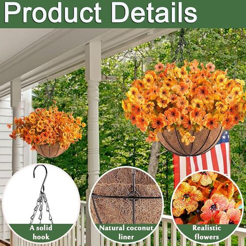 Orgrimmar 2 Pack Artificial Fall Mums Hanging Basket - UV Resistant Fake Hanging Plants with Realistic Silk Mums & Eucalyptus, Coconut Lining Baskets for Home Porch Balcony Patio Yard (Orange) in Kuwait