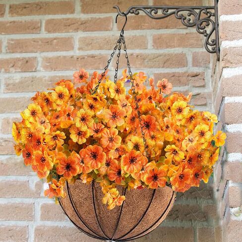 Orgrimmar 2 Pack Artificial Fall Mums Hanging Basket - UV Resistant Fake Hanging Plants with Realistic Silk Mums & Eucalyptus, Coconut Lining Baskets for Home Porch Balcony Patio Yard (Orange) in Kuwait