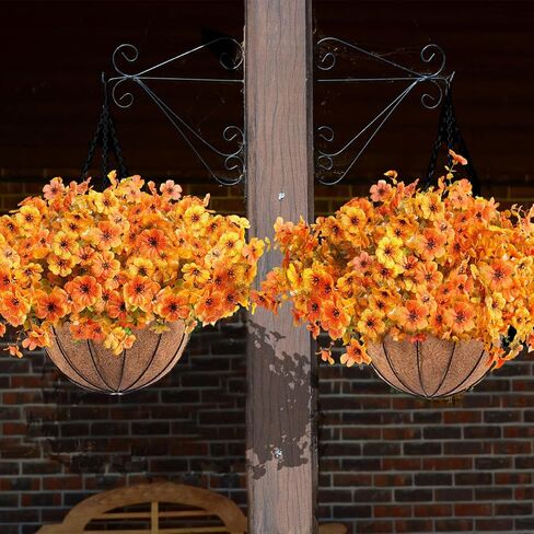 Orgrimmar 2 Pack Artificial Fall Mums Hanging Basket - UV Resistant Fake Hanging Plants with Realistic Silk Mums & Eucalyptus, Coconut Lining Baskets for Home Porch Balcony Patio Yard (Orange) in Kuwait