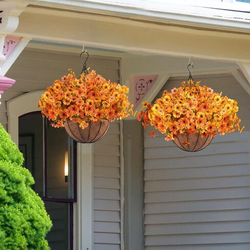 Orgrimmar 2 Pack Artificial Fall Mums Hanging Basket - UV Resistant Fake Hanging Plants with Realistic Silk Mums & Eucalyptus, Coconut Lining Baskets for Home Porch Balcony Patio Yard (Orange) in Kuwait
