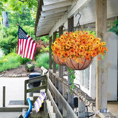 Orgrimmar 2 Pack Artificial Fall Mums Hanging Basket - UV Resistant Fake Hanging Plants with Realistic Silk Mums & Eucalyptus, Coconut Lining Baskets for Home Porch Balcony Patio Yard (Orange) in Kuwait